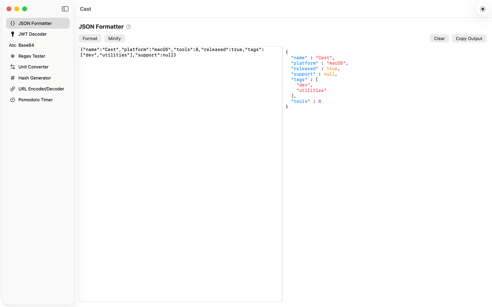 Cast's JSON Formatter tool showing pretty-printed, syntax-highlighted JSON output