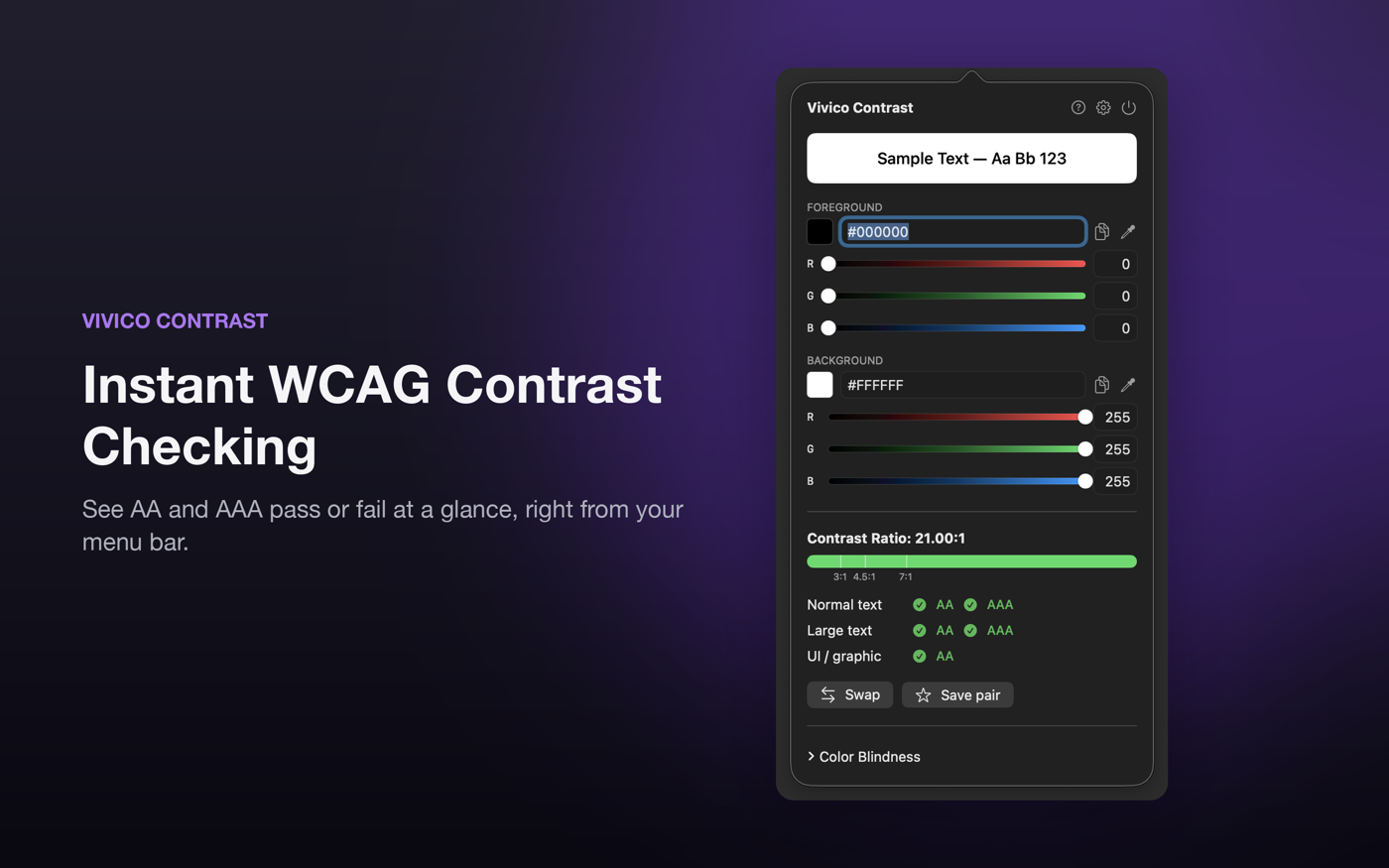 Vivico Contrast's menu bar popover showing a 21:1 contrast ratio with all WCAG AA and AAA badges passing