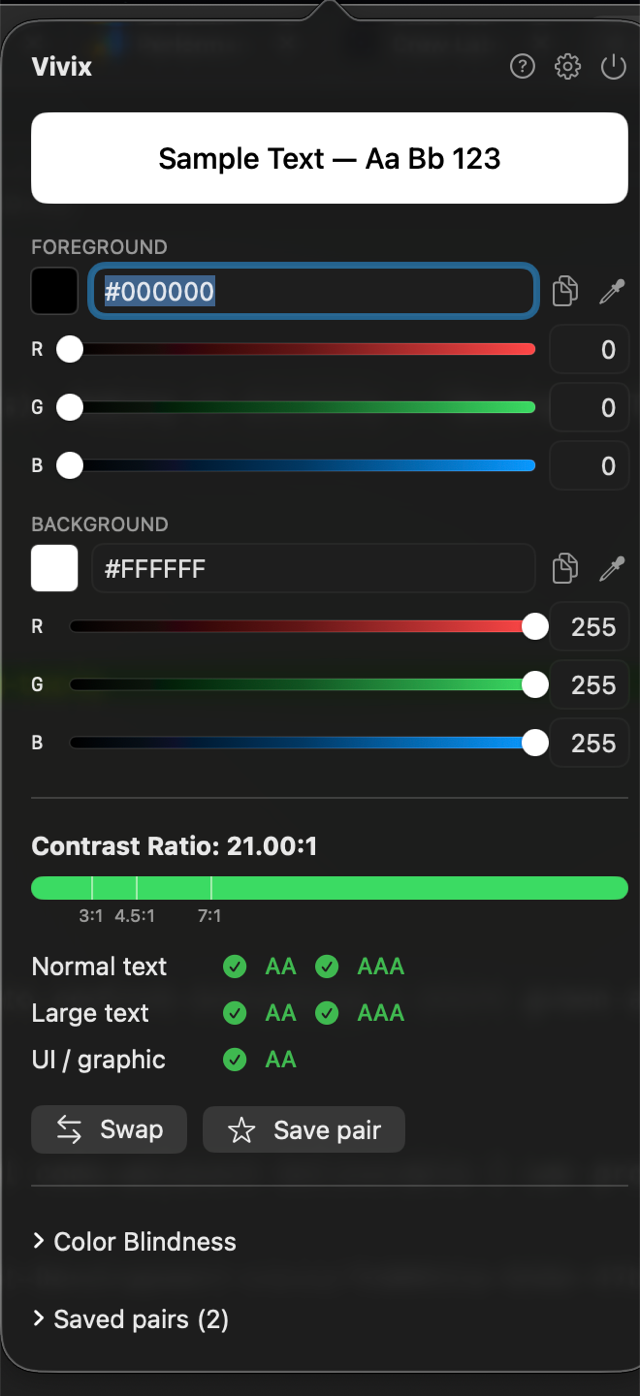 Vivix's contrast checker popover showing a 21:1 ratio with all WCAG badges passing